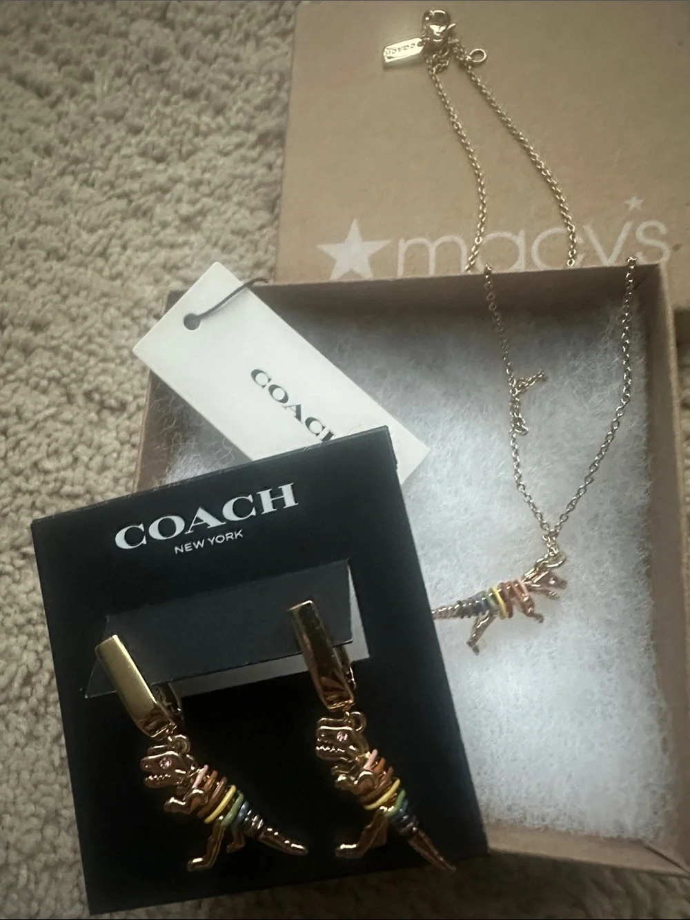 NWT Matching Coach Gold Rainbow Dinosaur Dangle Huggie Earrings and Necklace - Picture 9 of 14